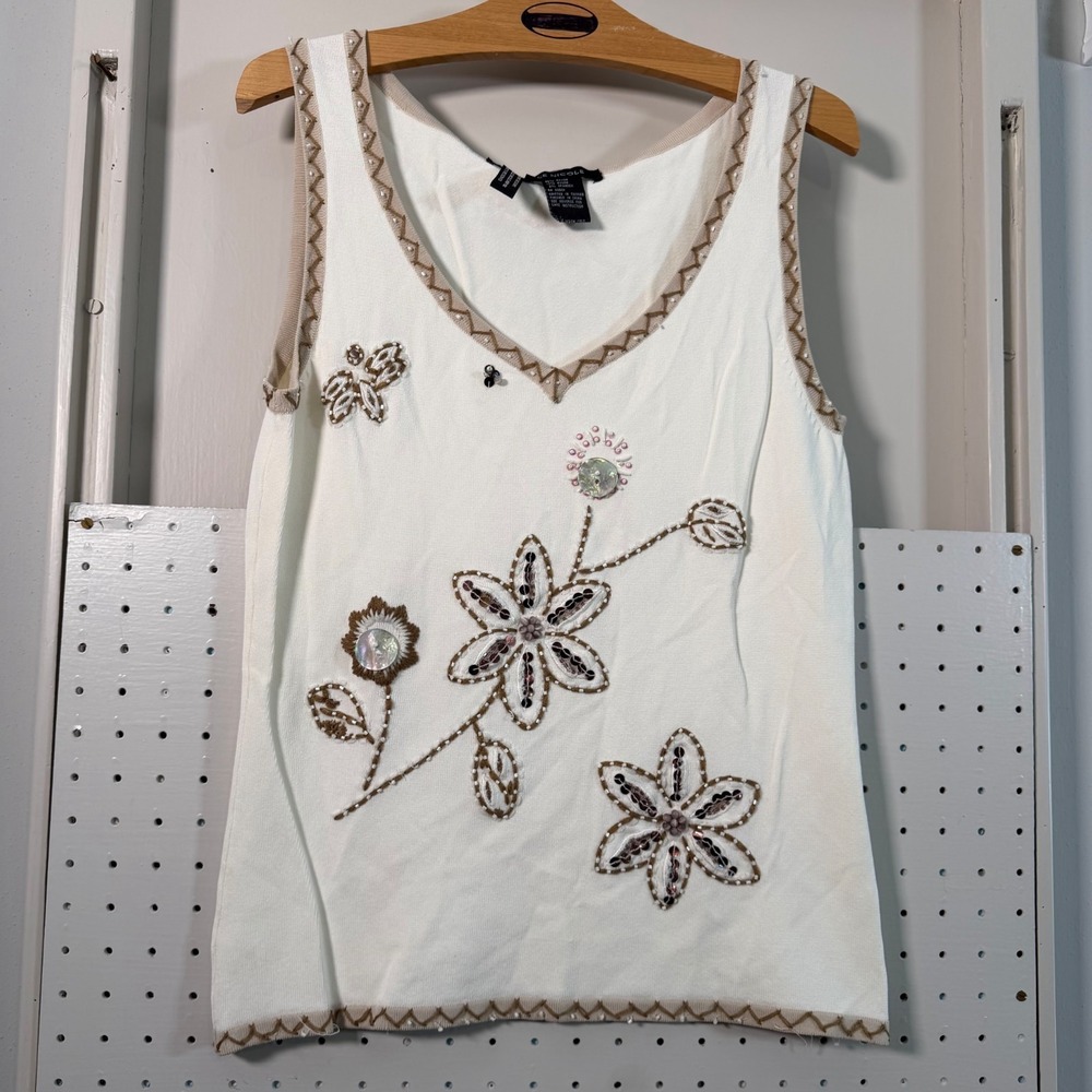 Michelle Nicole Embellished Knit Tank Womens Ivory Embroidered Boho Top - Small
